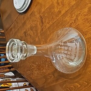 Antique Glass Ship Decanter Original Stopper Engraved Design, Chips in Pictures